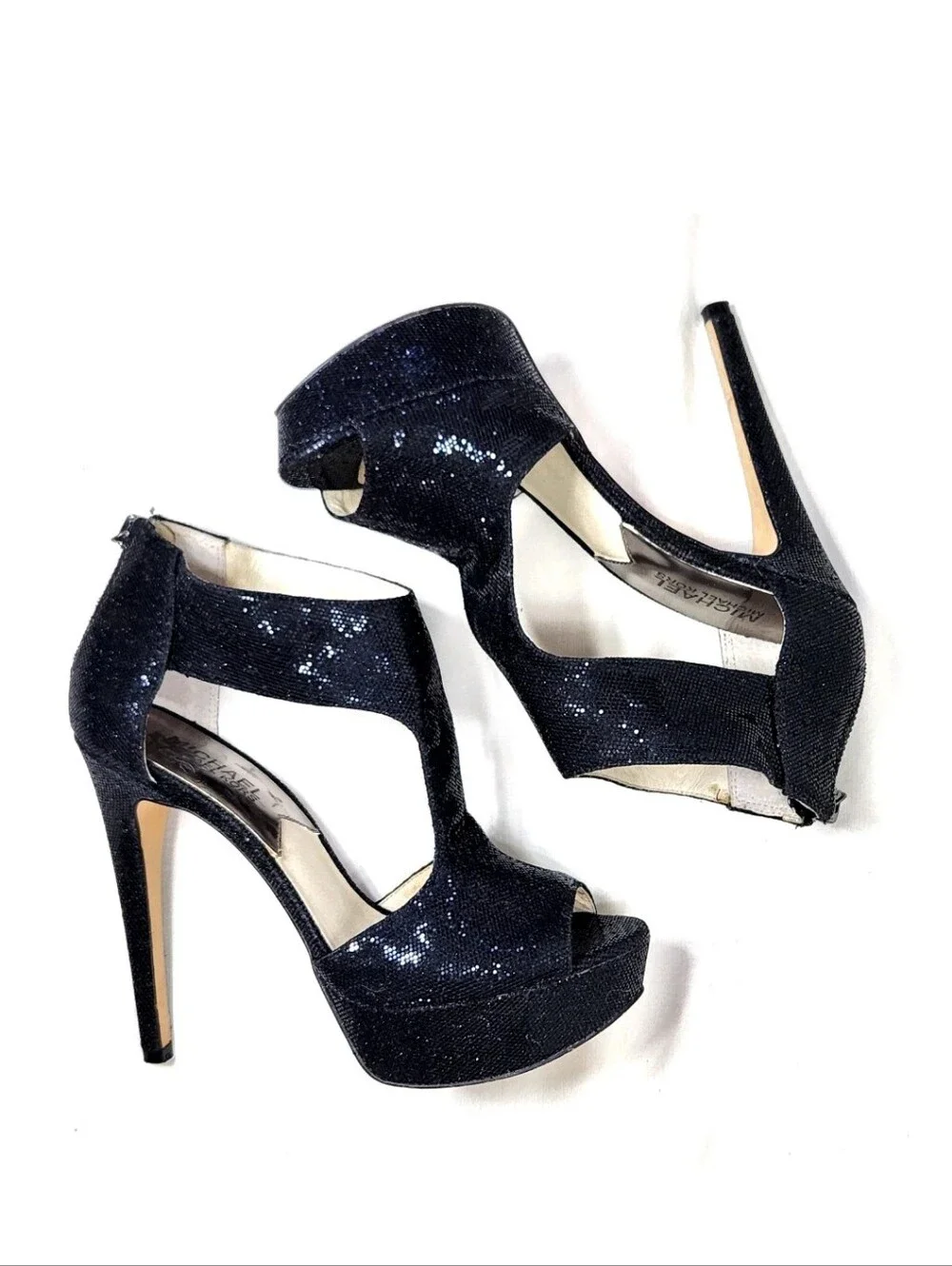 MICHAEL KORS Sparkle Platform Heels Sz 7 Black Ankle T-Strap Cut-Out Back Zip